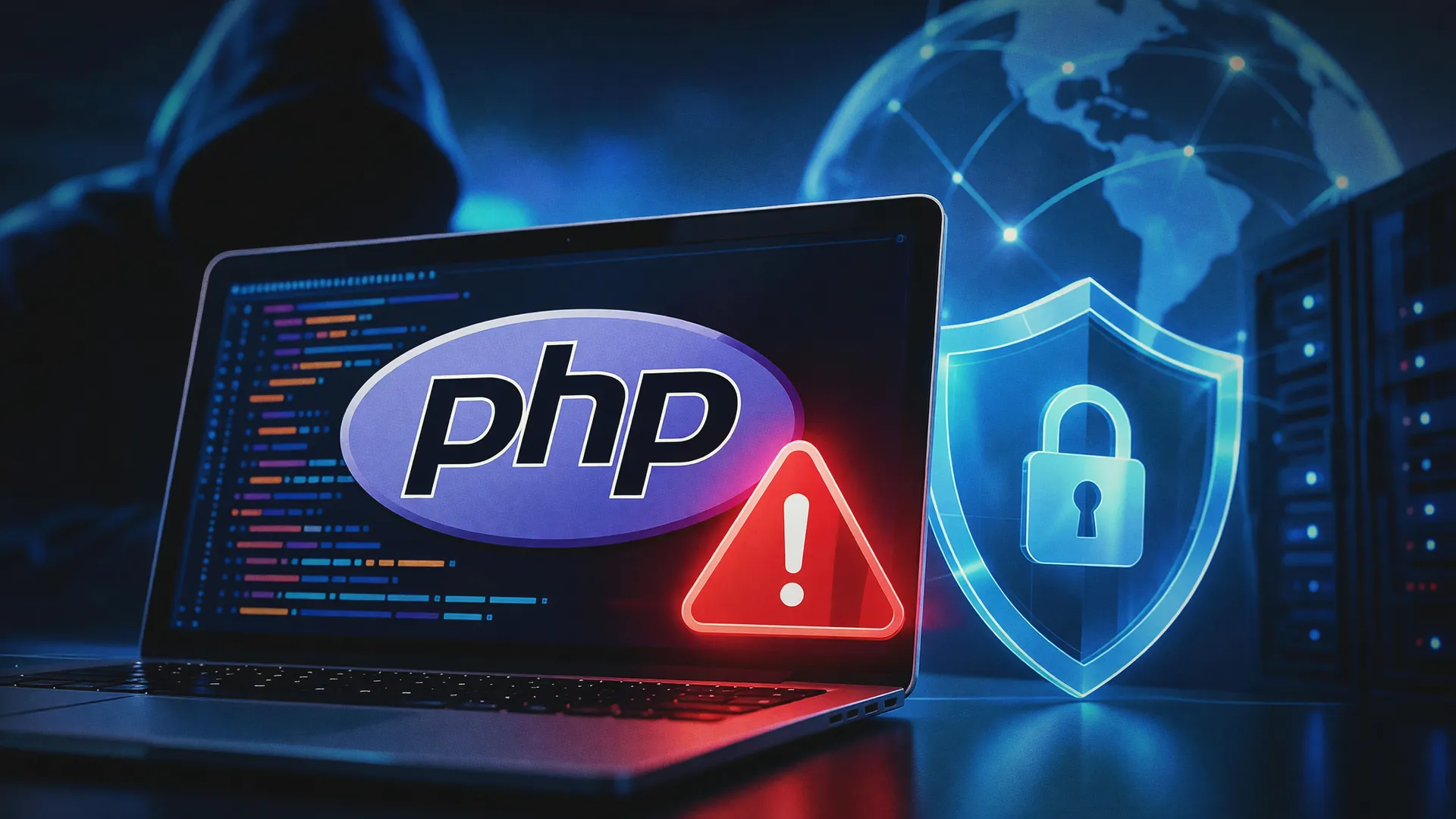 Logo do PHP em laptop com alerta vermelho e hacker ao fundo, ilustrando a falha de segurança no PHP