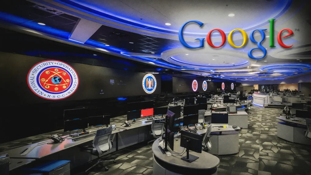Centro de operações da NSA em alerta, com logo do Google ao fundo, sobre falhas críticas no PHP que derrubam sites