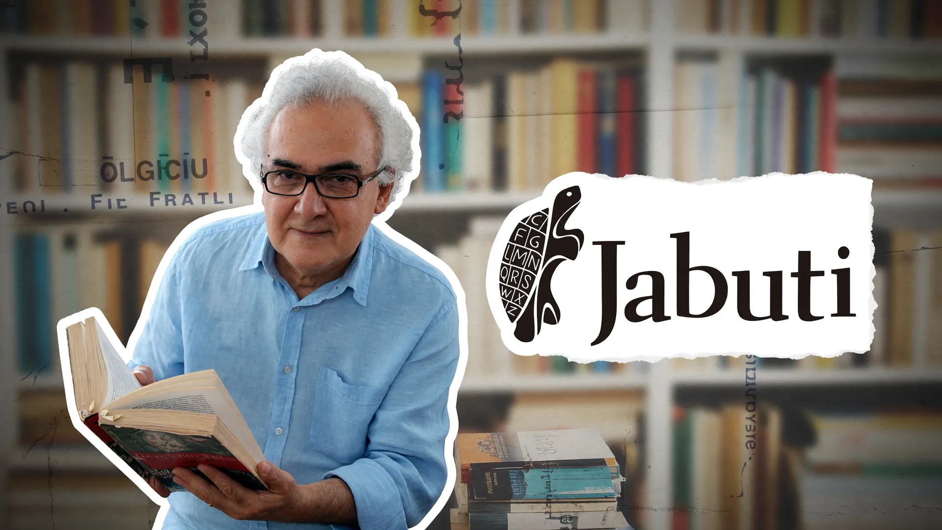 Milton Hatoum com livro aberto ao lado do logotipo do Prêmio Jabuti, destaque entre os finalistas do Prêmio Jabuti 2026