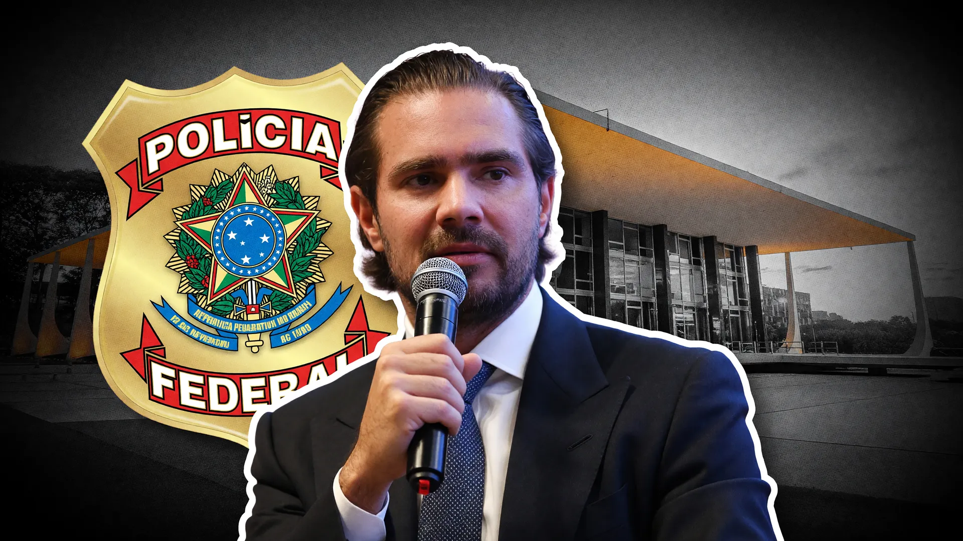 Colagem editorial sobre o financiamento do filme Dark Horse, com Daniel Vorcaro, brasão da PF e fachada do STF