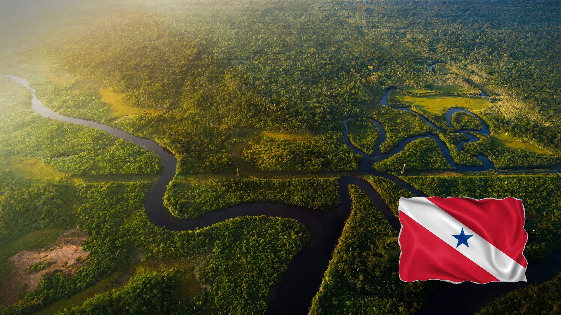 Floresta amazônica vista do alto com a bandeira do Pará, simbolizando Flávio Bolsonaro entraves ambientais Pará