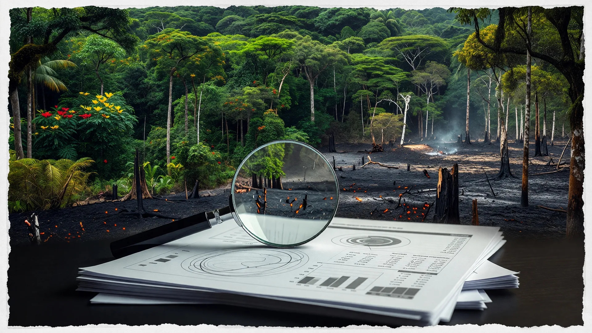 Floresta amazônica com trecho desmatado e lupa sobre documentos, simbolizando Flávio Bolsonaro meio ambiente checagem