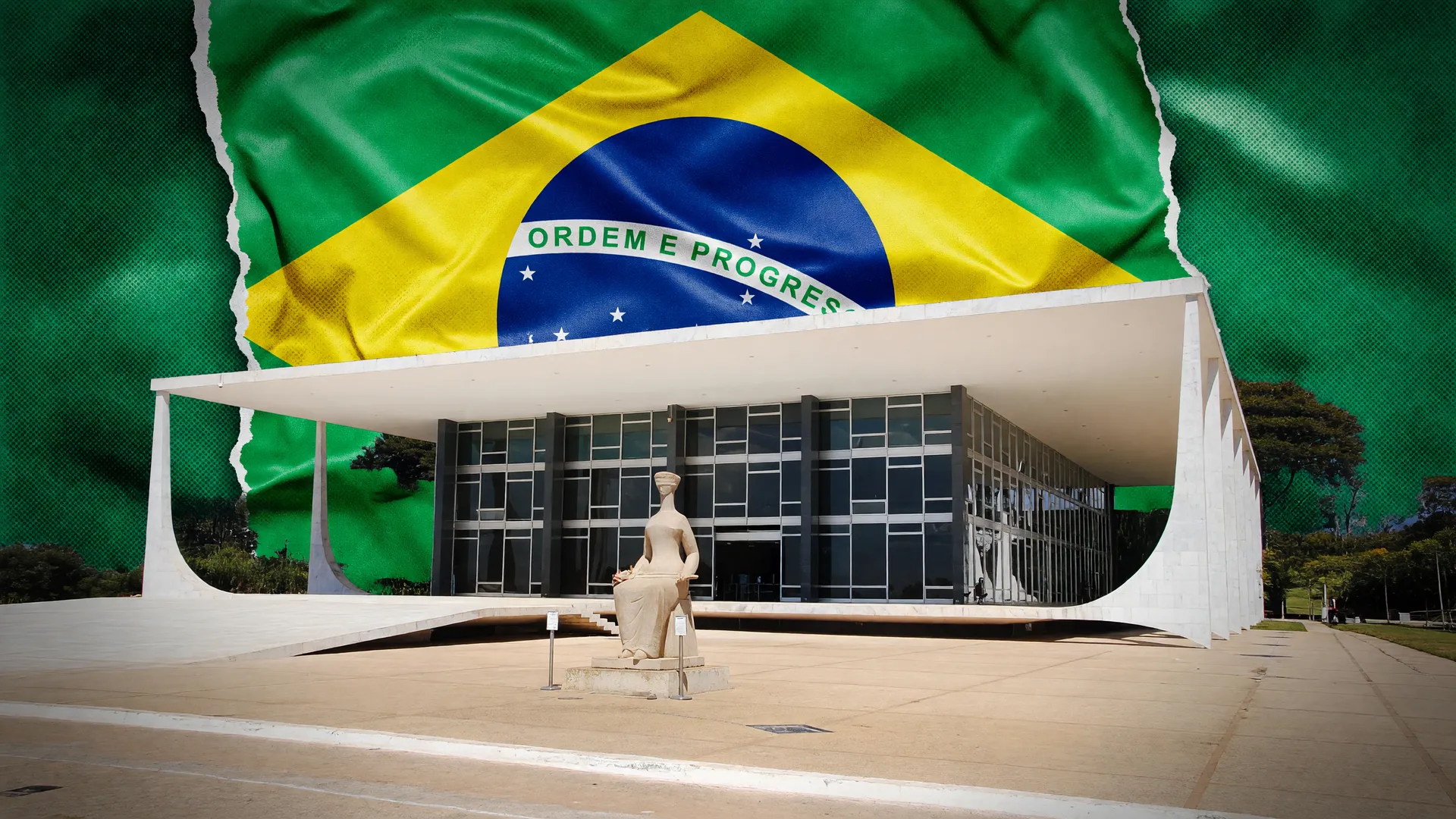 Fachada do STF com bandeira do Brasil ao fundo, simbolizando a decisão de Moraes sobre os passaportes de Flávio Bolsonaro