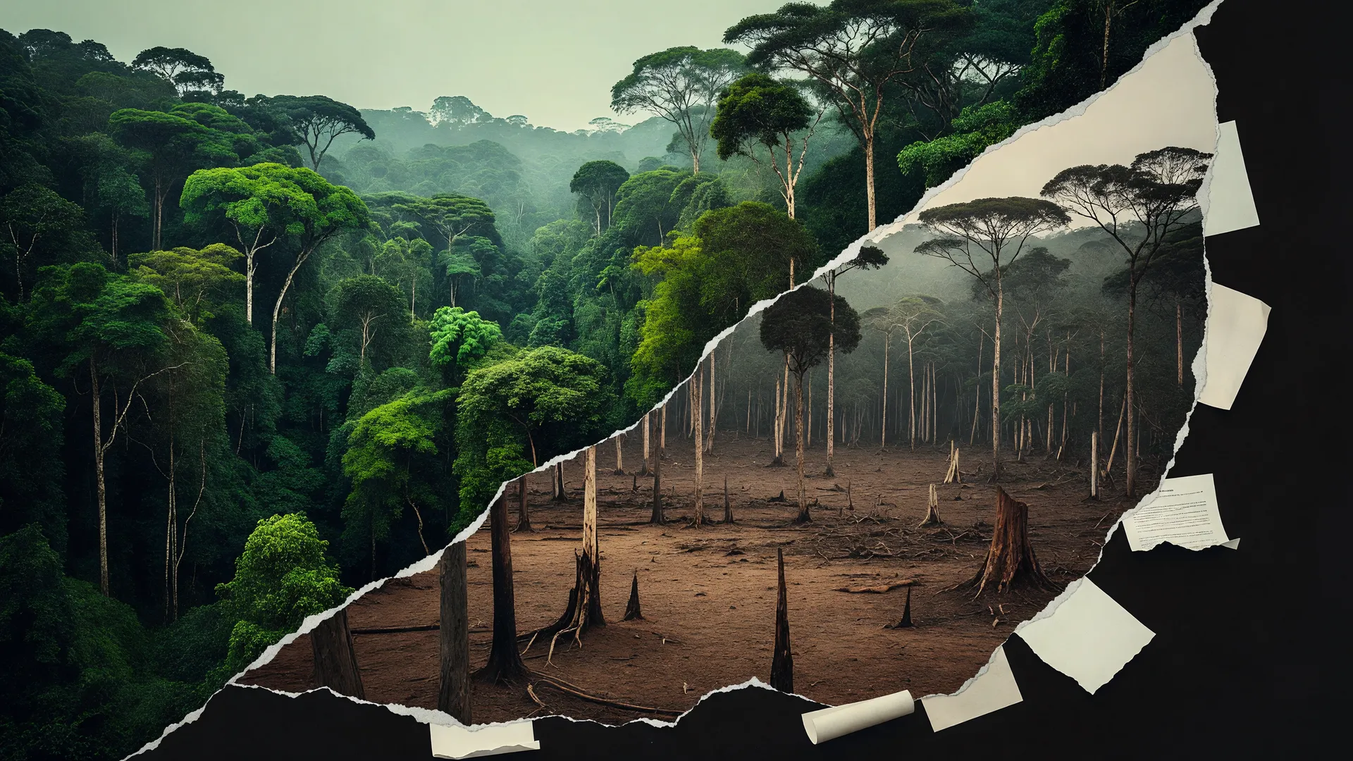 Floresta amazônica com trecho desmatado e papéis rasgados, simbolizando Flávio Bolsonaro, Reserva Legal e meio ambiente