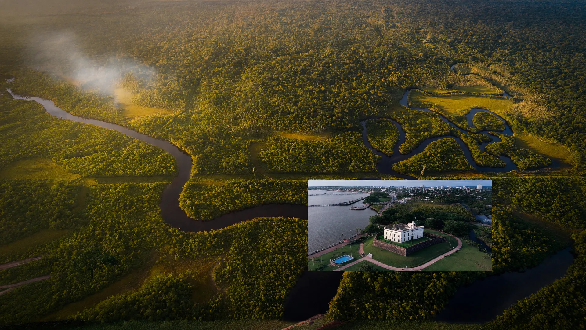 Floresta amazônica vista do alto com Fortaleza de Macapá ao fundo, ilustrando os focos de calor no Amapá