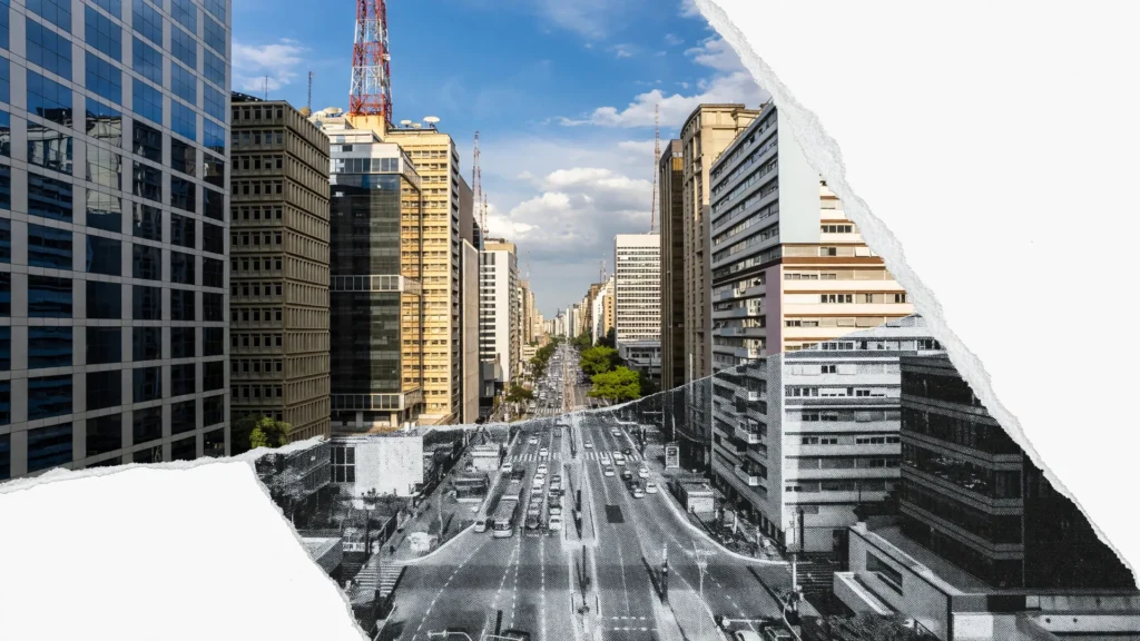 Vista aérea da Avenida Paulista em recorte rasgado, ilustrando perícia sobre foto manipulada por IA