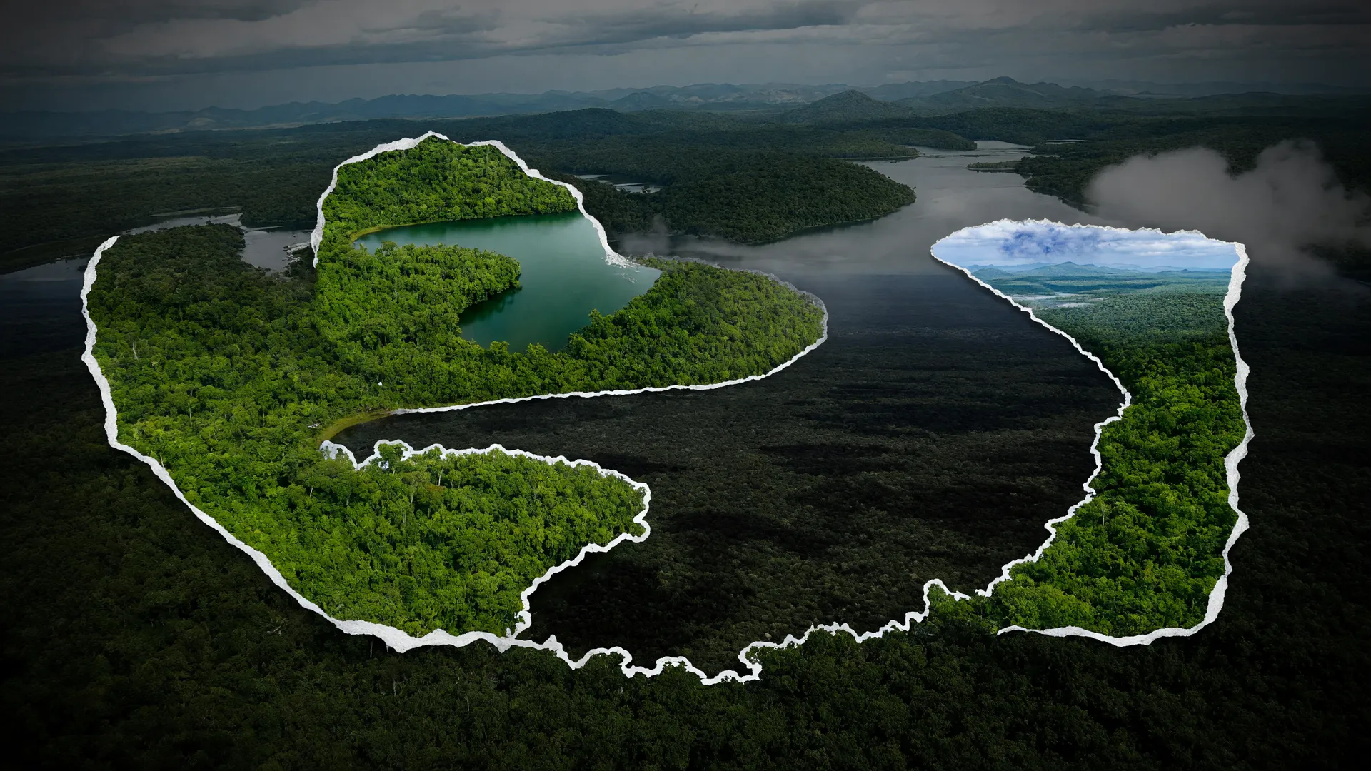 Vista aérea de floresta ilustrando a fragmentação de habitats no Brasil, com manchas de mata isoladas