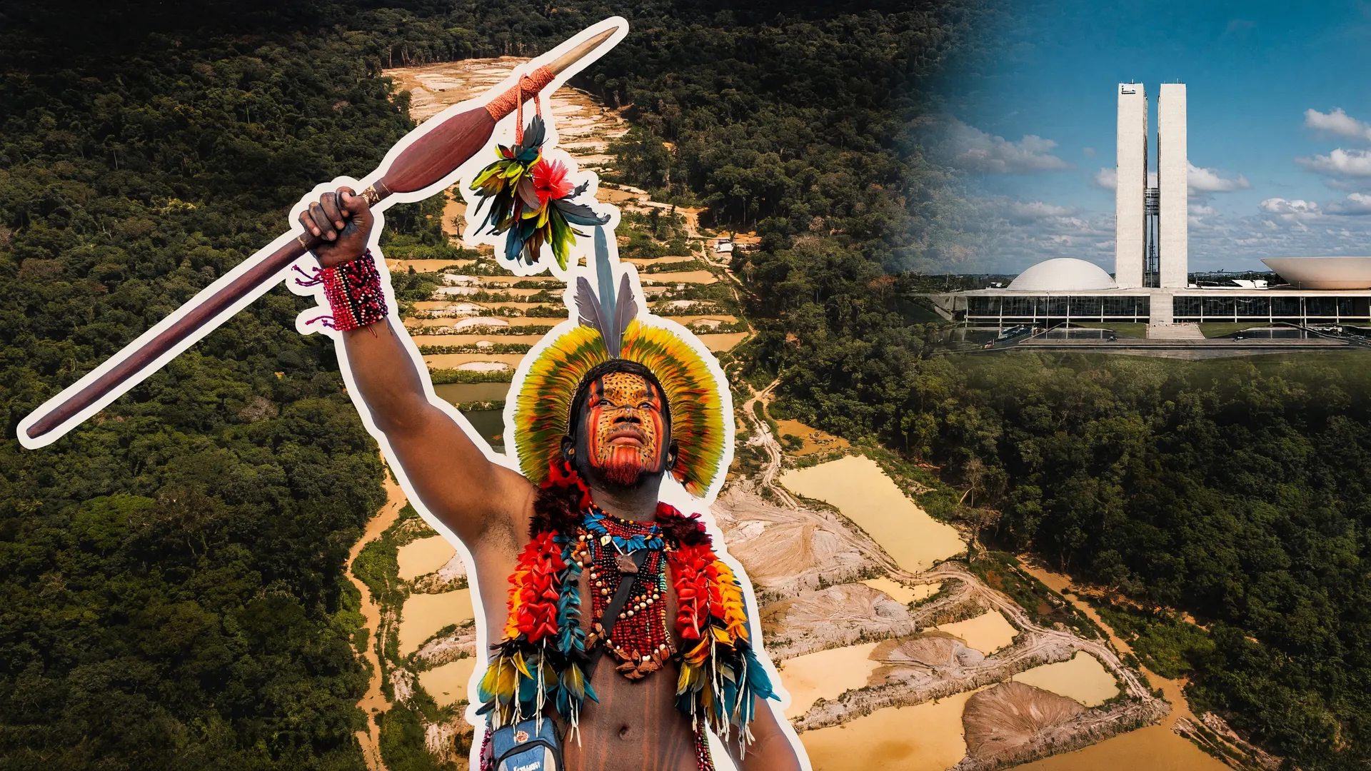 Funai e recuperação do garimpo Yanomami: líder indígena em primeiro plano e área degradada pela mineração ilegal ao fundo