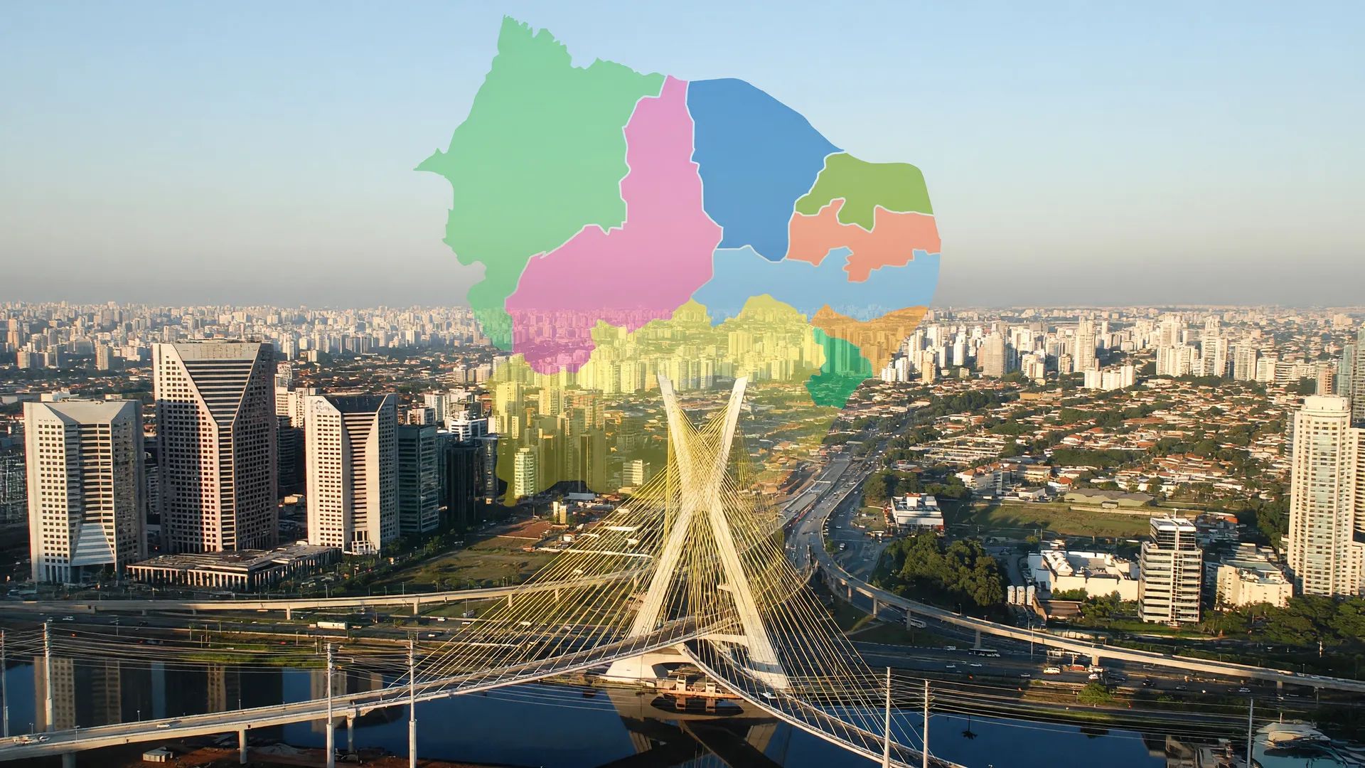 Mapa do Brasil e skyline de São Paulo simbolizam governadores reeleitos no primeiro turno das eleições 2026