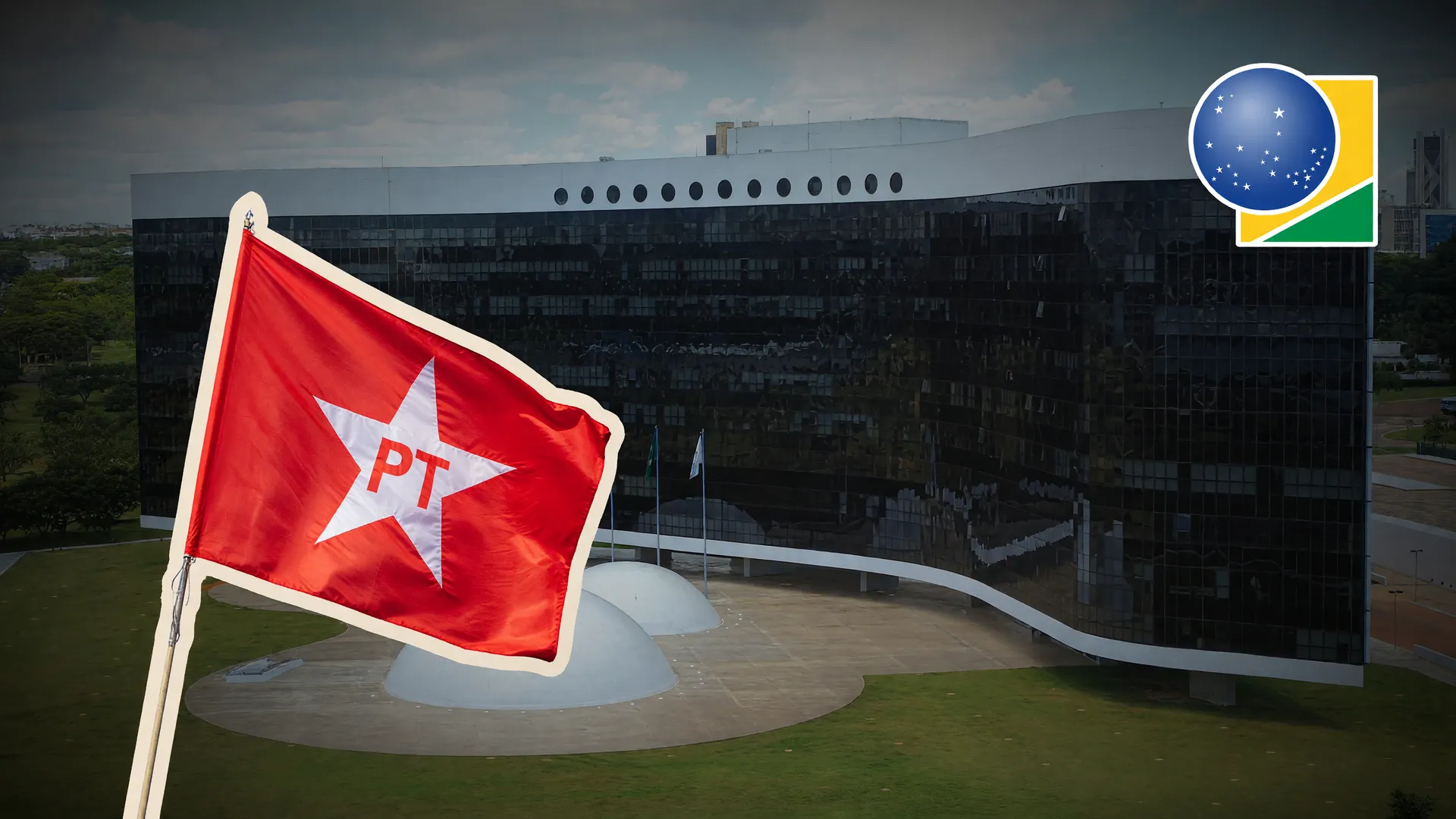Bandeira do PT sobre a fachada do TSE em colagem sobre o pedido de ampliar o horário de votação na Bahia