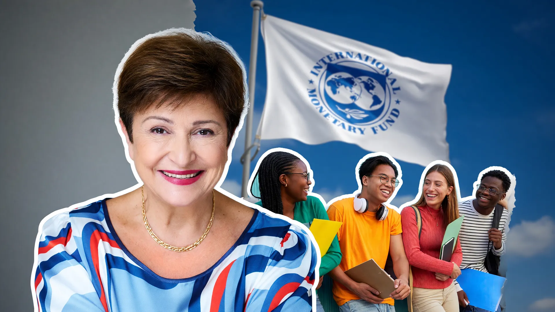 Kristalina Georgieva do FMI e jovens estudantes ilustram o impacto da IA nos empregos e a falta de vagas de entrada