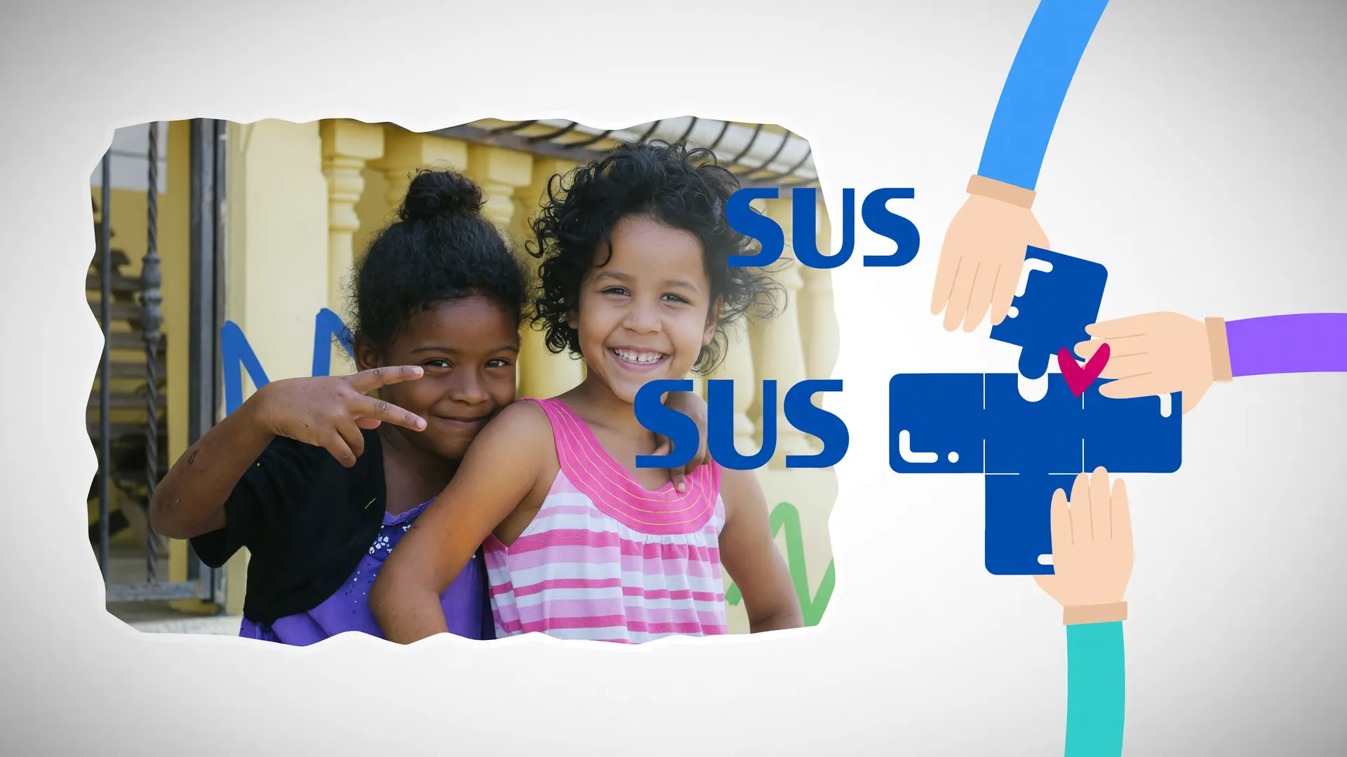Crianças sorridentes ao lado do símbolo do SUS ilustram o impacto do BPC na saúde