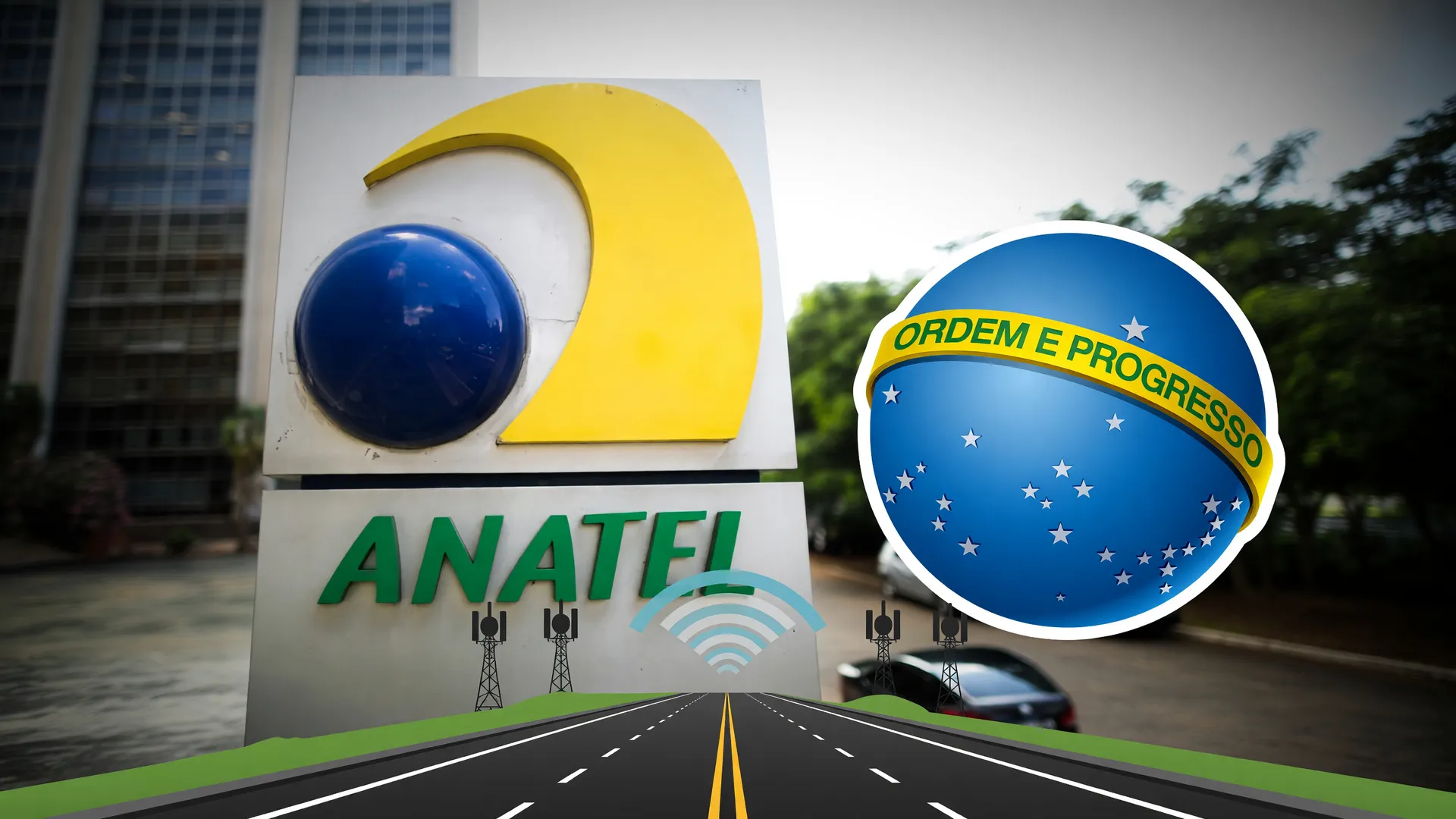 Ilustração sobre internet nas rodovias federais com logotipos do Governo Federal e da Anatel sobre estrada com sinal de rede