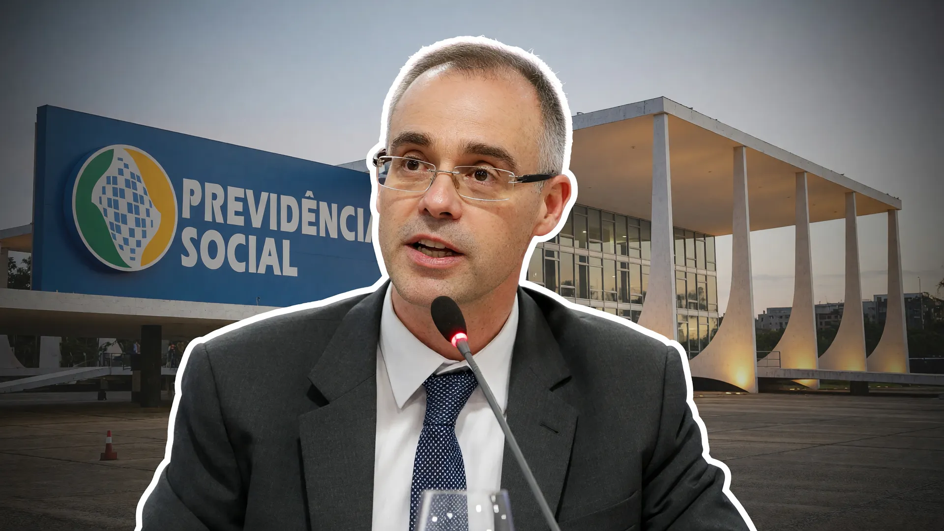 André Mendonça reassume a investigação descontos INSS Mendonça, com a fachada do INSS e o prédio do STF ao fundo
