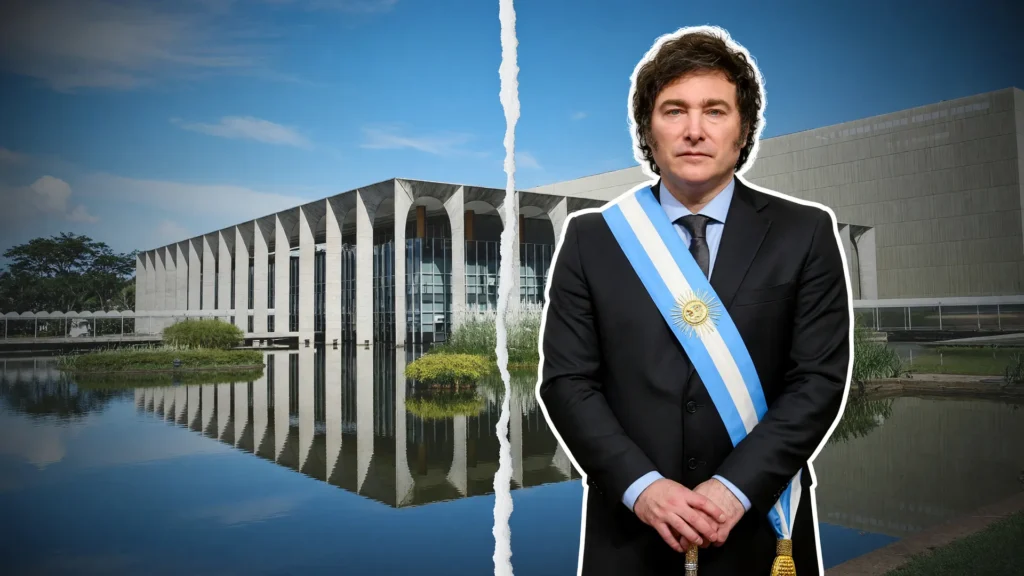 Itamaraty Milei ingerência eleições: Milei e a fachada do Palácio do Itamaraty em tensão diplomática