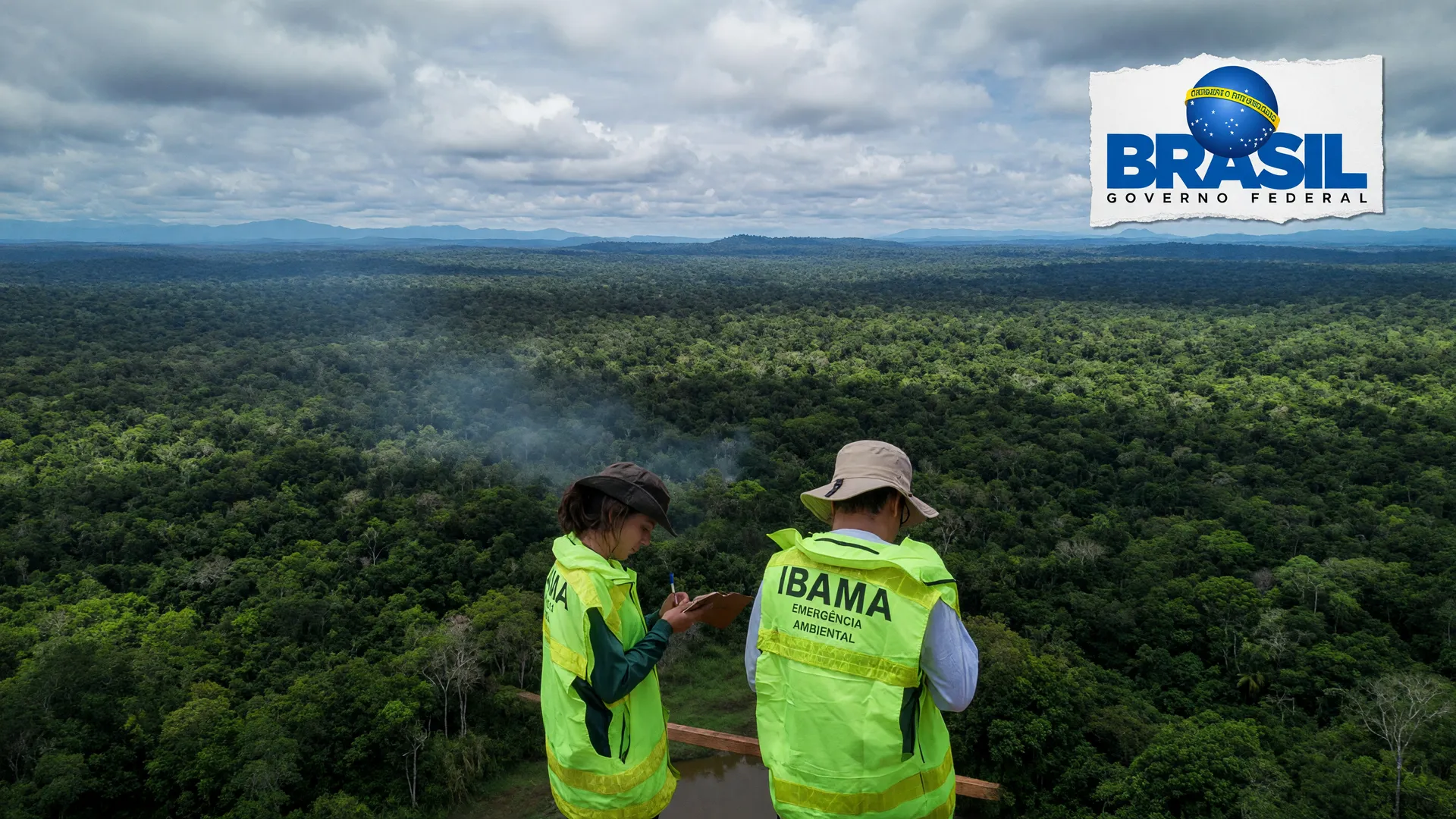 Vista aérea da floresta amazônica com agentes do Ibama e símbolo do governo, em tema de justiça incêndios na Amazônia