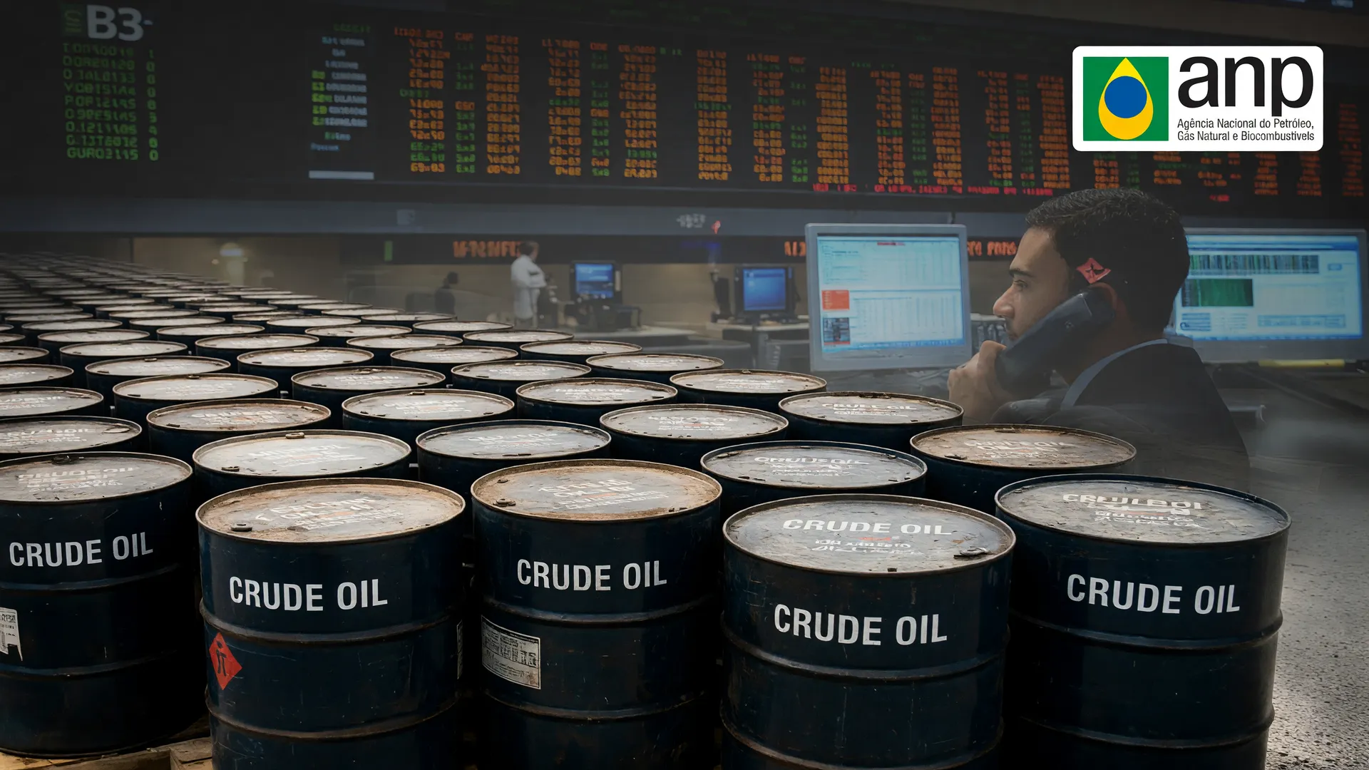 Barris de petróleo em destaque ilustram o leilão de petróleo da ANP, com painel de negociação da B3 ao fundo