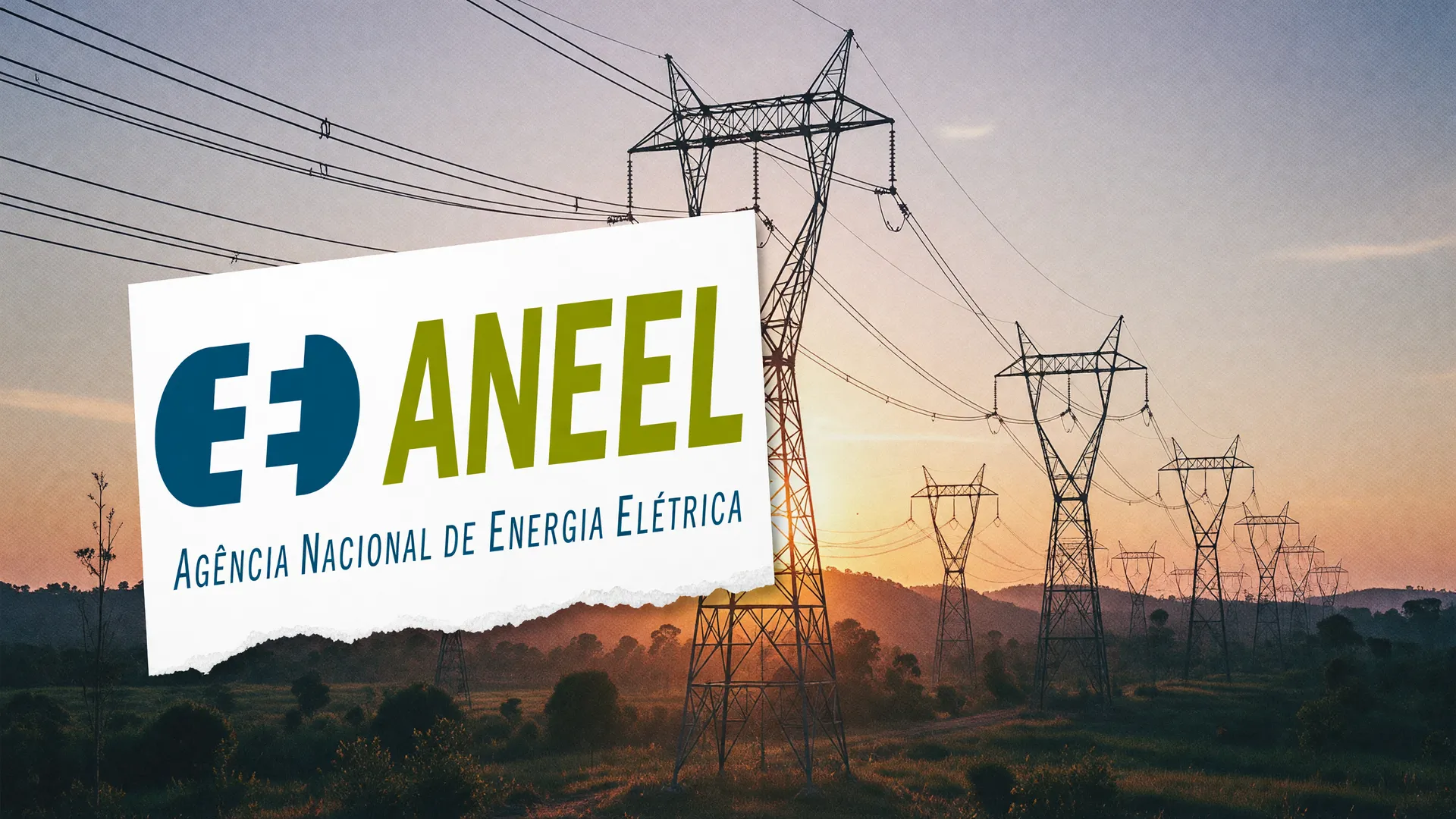 Logotipo da Aneel sobre torres de transmissão em ilustração do leilão de transmissão Aneel