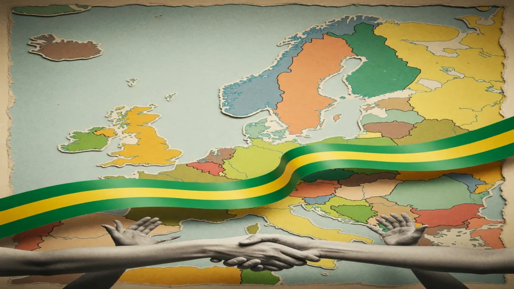 Mapa político da Europa com fitas verde e amarela: líderes mundiais parabenizam reeleição Lula