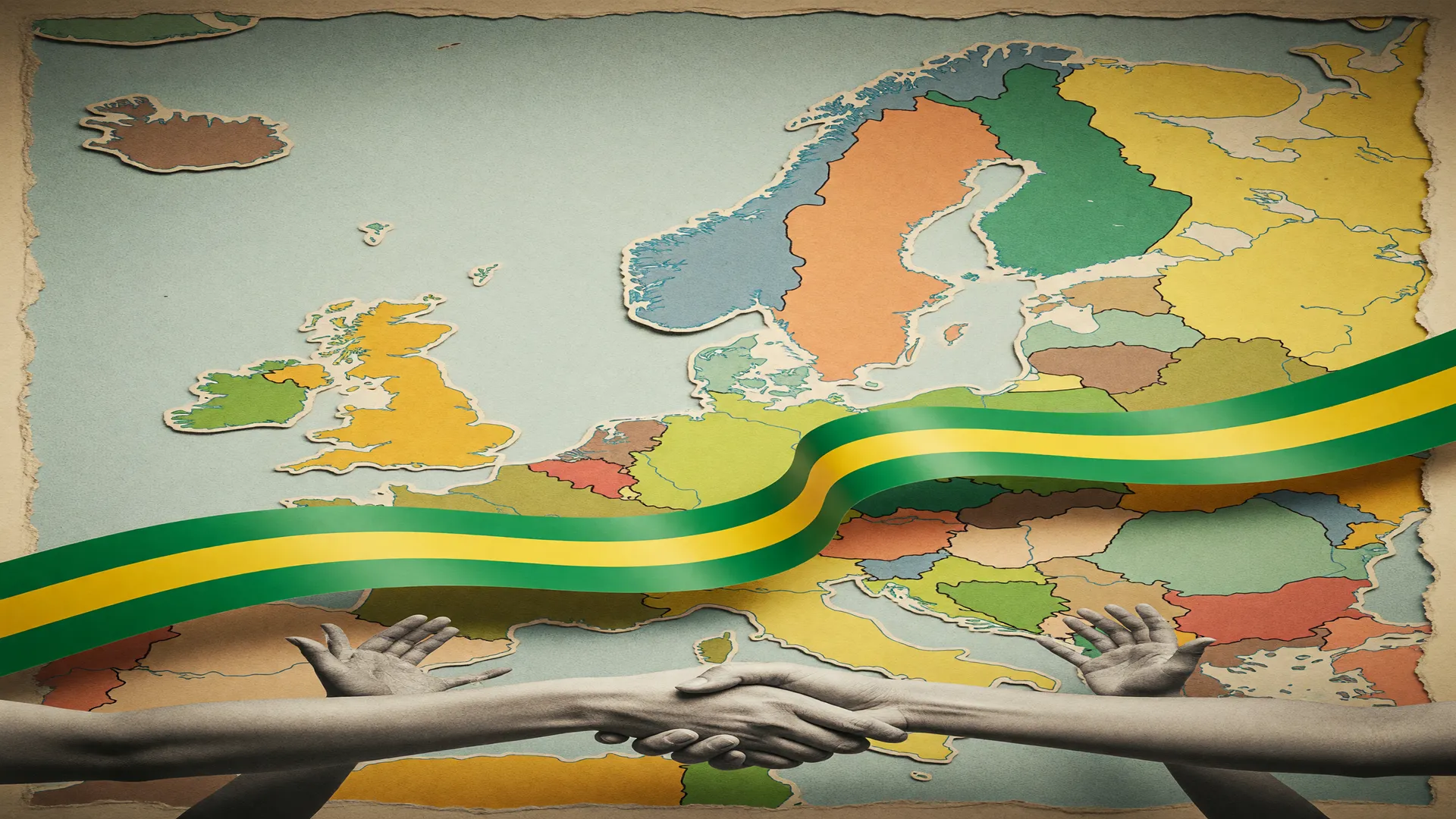 Mapa político da Europa com fitas verde e amarela: líderes mundiais parabenizam reeleição Lula