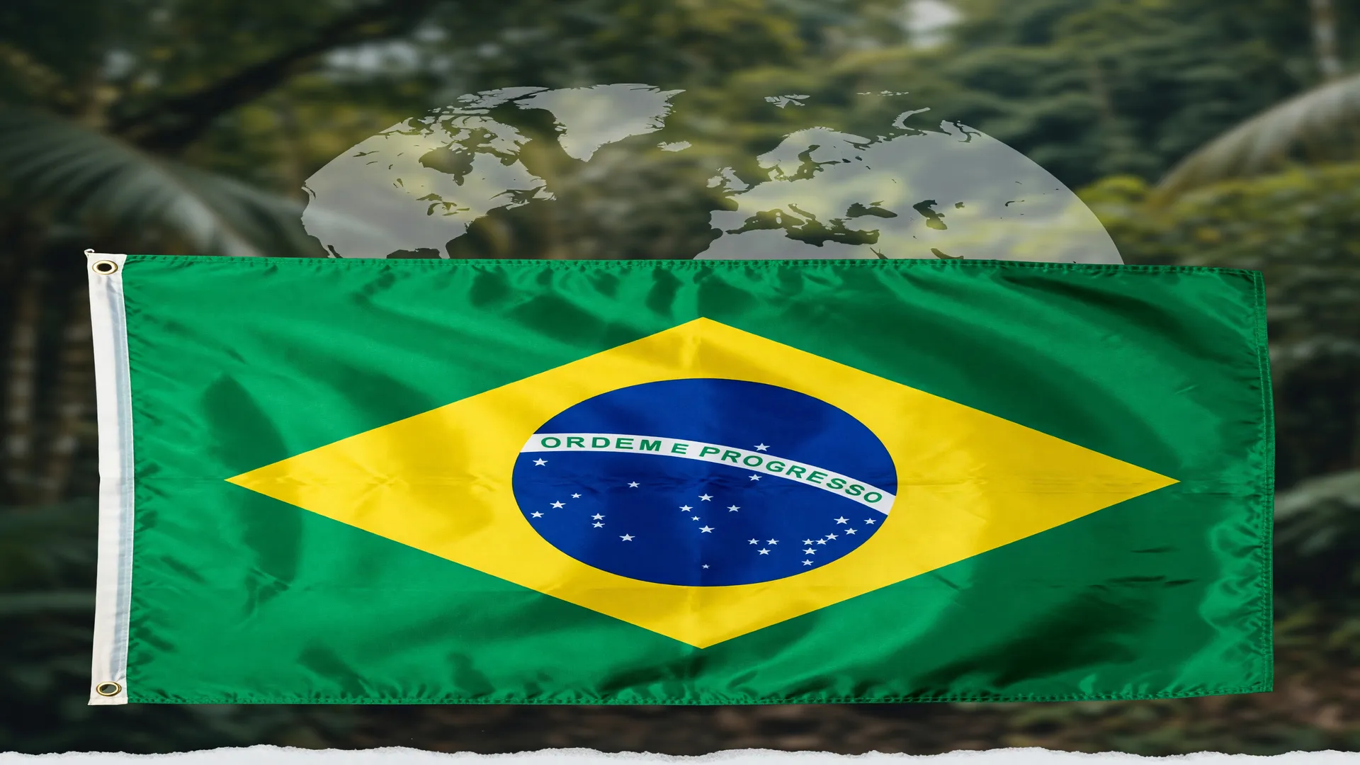 Bandeira do Brasil em destaque sobre fundo verde de floresta tropical: Lula entrega presidência COP31 e legado climático