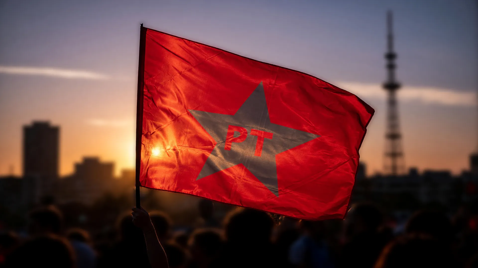 Bandeira do PT tremulando ao entardecer, símbolo de Lula reeleito quarto mandato