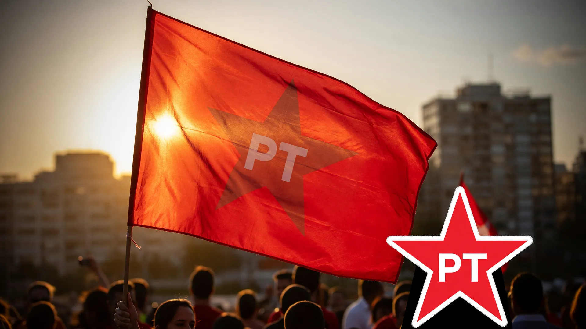 Bandeira do PT ao entardecer simboliza Lula reeleito recorde de votos na eleição presidencial