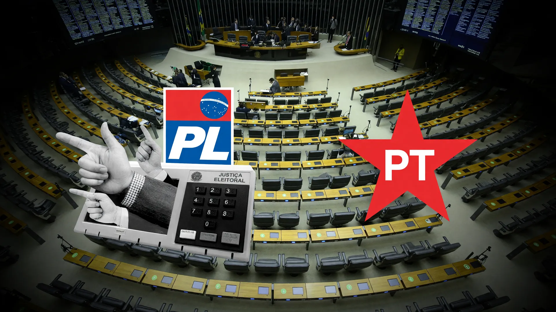 Plenário da Câmara dos Deputados com os símbolos do PL e do PT, ilustrando a disputa pela maior bancada da Câmara