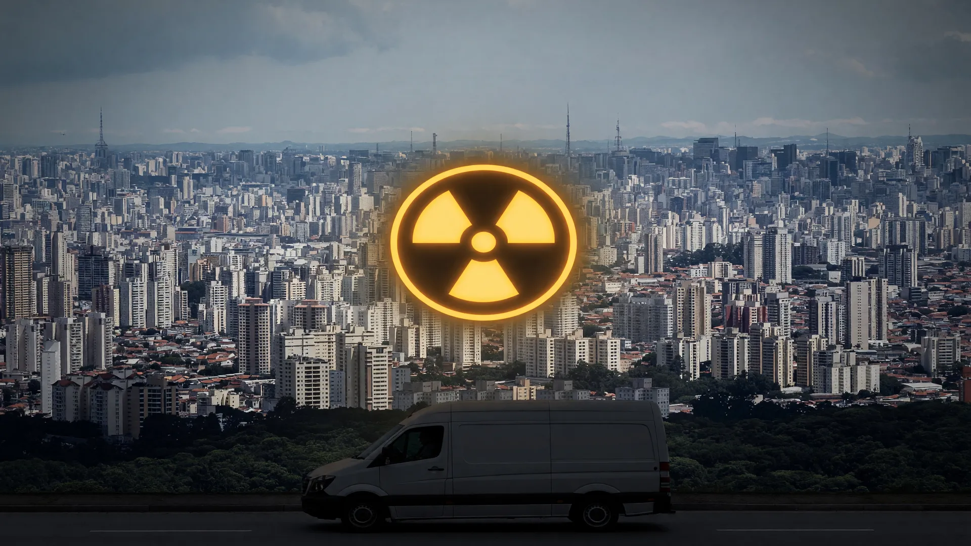 Ilustração do material radioativo roubado em Guarulhos, com símbolo de radiação sobre a cidade ao fundo.