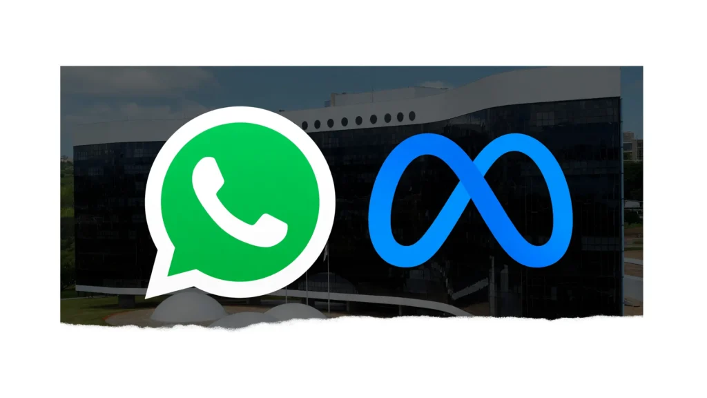 Ilustração simbólica de Meta AI imagem campanha Lula: logos do WhatsApp e da Meta diante do prédio do TSE