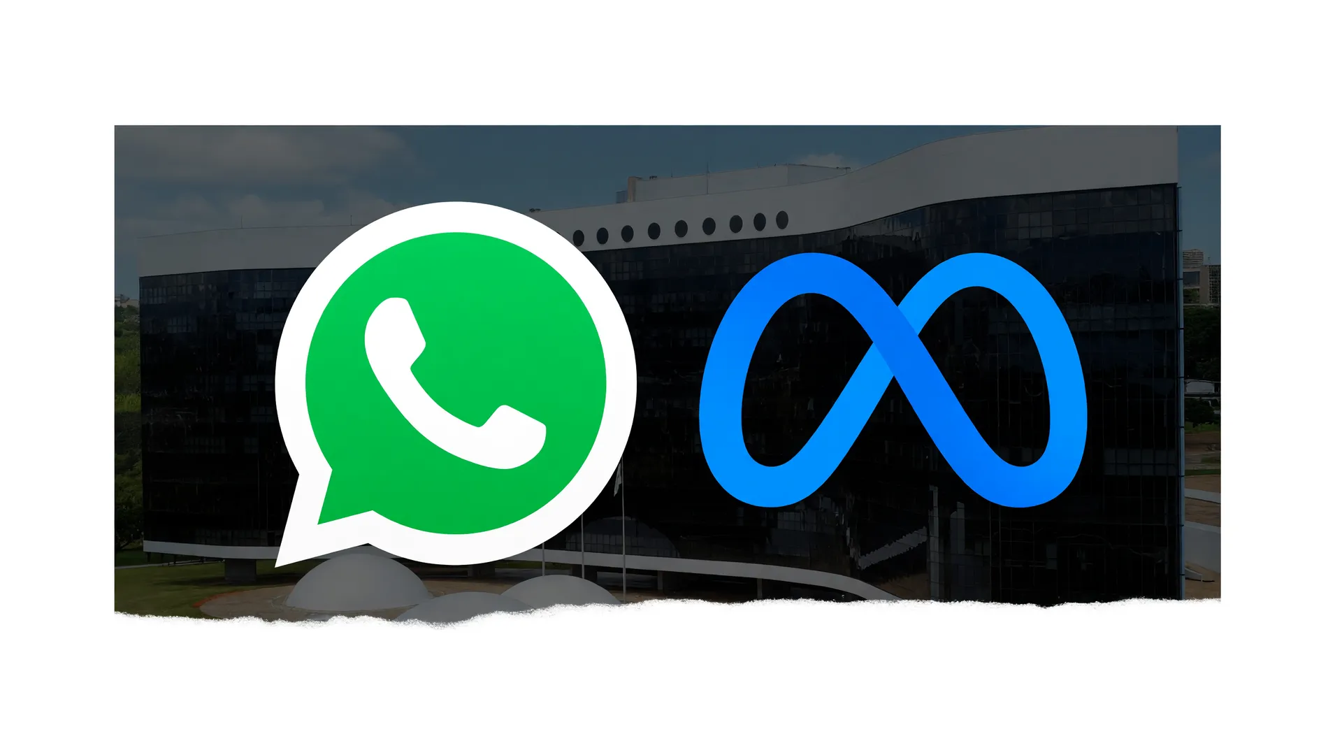 Ilustração simbólica de Meta AI imagem campanha Lula: logos do WhatsApp e da Meta diante do prédio do TSE