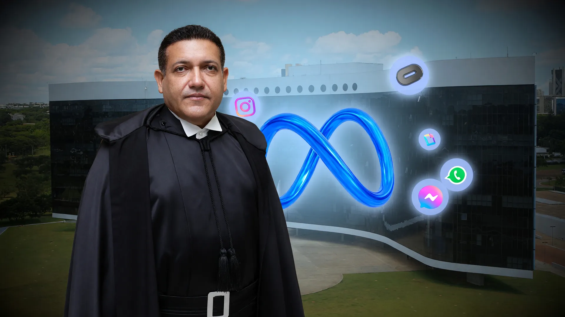 Nunes Marques, presidente do TSE, e a logo da Meta: relatório sobre o Exército do Lula é exigido em 24 horas