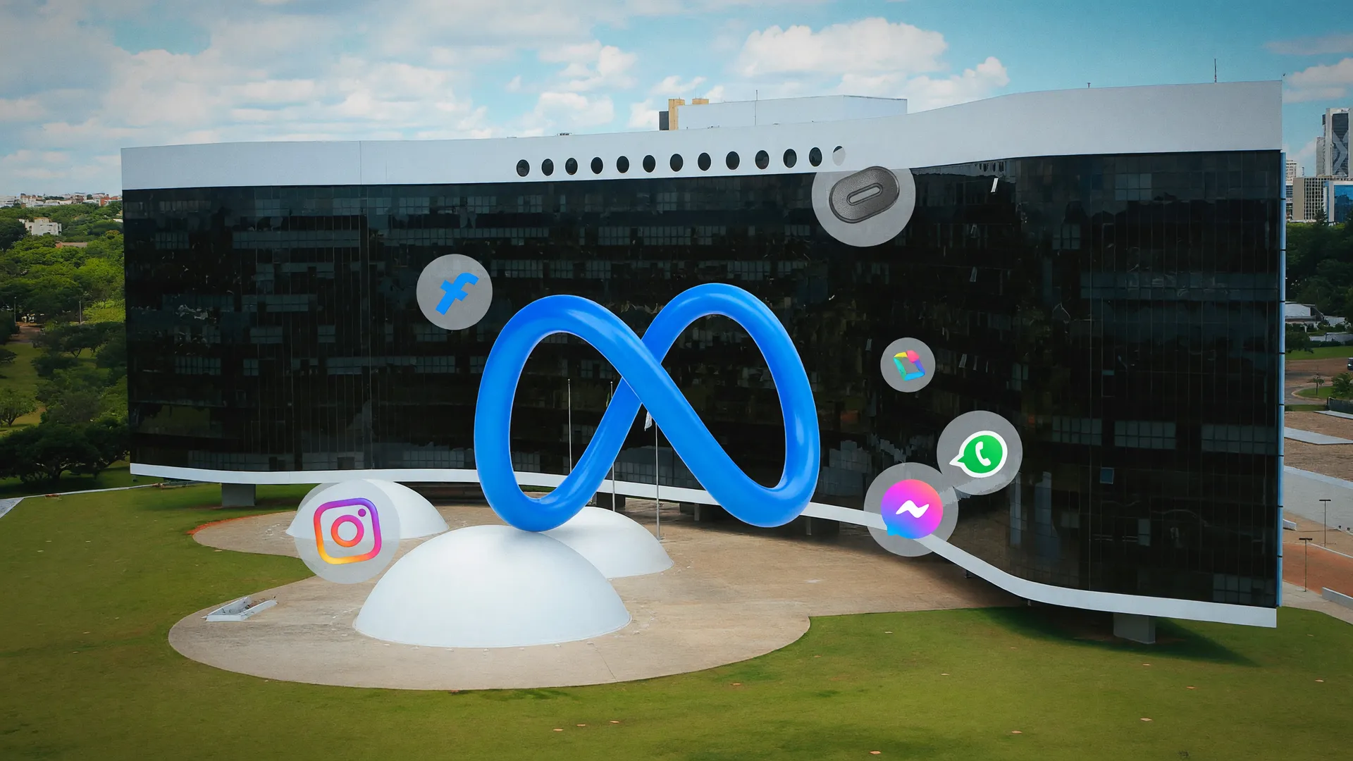Prédio do TSE com logo da Meta em destaque: Meta remove vídeo MC Cabelinho em meio a regras de IA no segundo turno