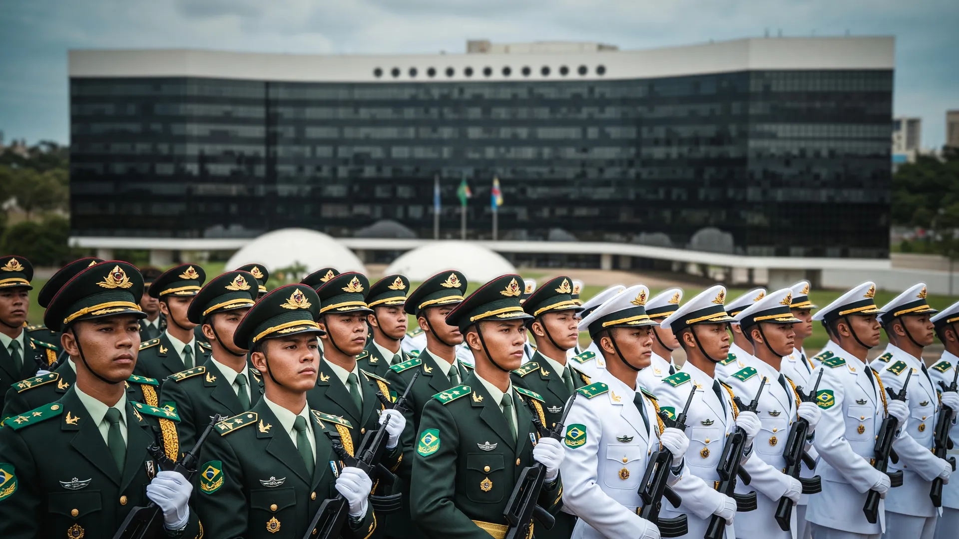 Militares em formação perfilados diante da sede do TSE, simbolizando os militares nas eleições 2026