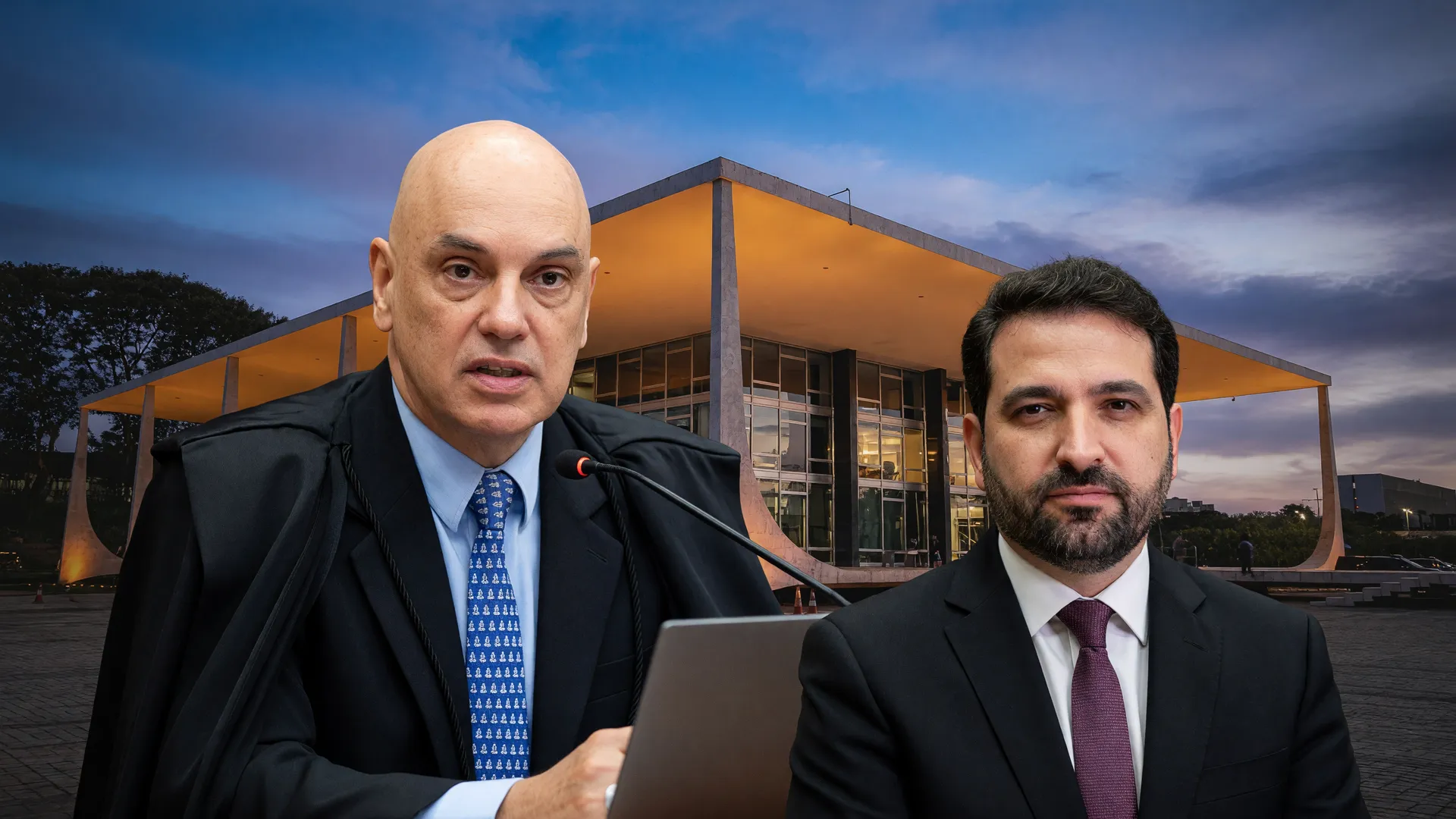 Moraes bloqueia bens Willer Tomaz: ministro do STF em primeiro plano e o advogado ao lado, diante da fachada do tribunal