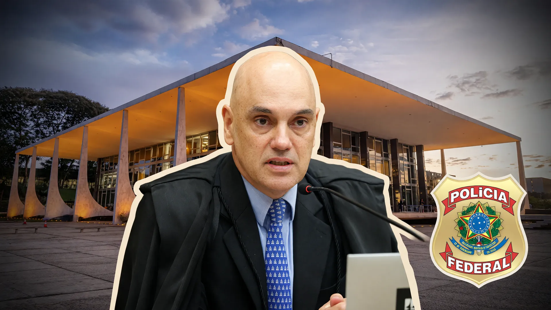 Moraes e o sigilo da fonte jornalista: ministro do STF diante da fachada do tribunal e do brasão da Polícia Federal