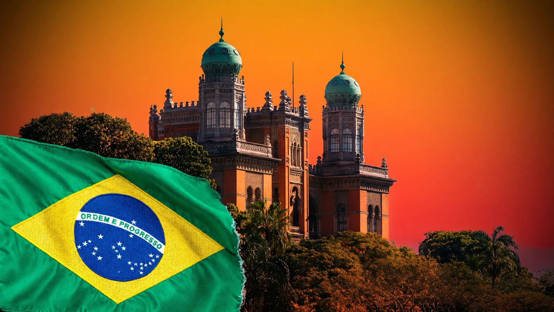 Fiocruz Castelo sob céu intenso e bandeira do Brasil ilustram mortes por calor e mudanças climáticas na saúde pública