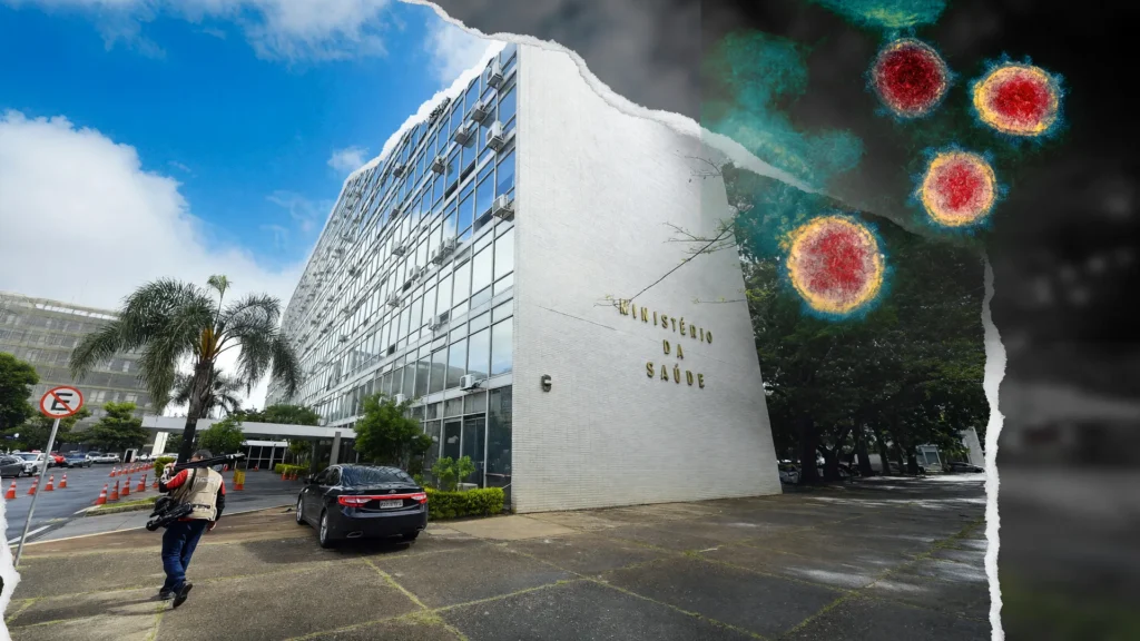 Vírus SARS-CoV-2 sobre o Ministério da Saúde ilustra a queda das mortes por covid no Brasil