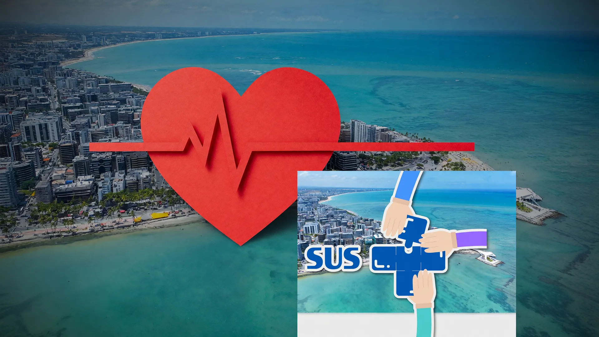 Mapa de Alagoas e Maceió com símbolo do SUS ilustrando as mortes por doença cardiovascular no Brasil