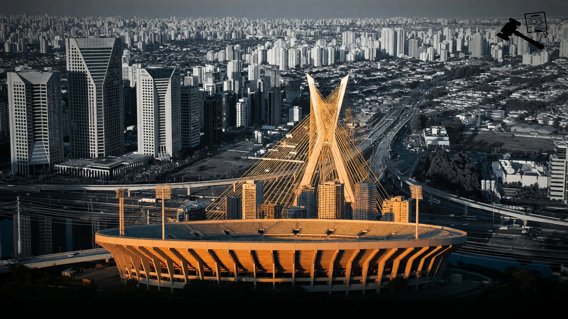 Imagem simbólica mostra o impacto da MP das bets no Brasileirão, com estádio e skyline de São Paulo ao amanhecer