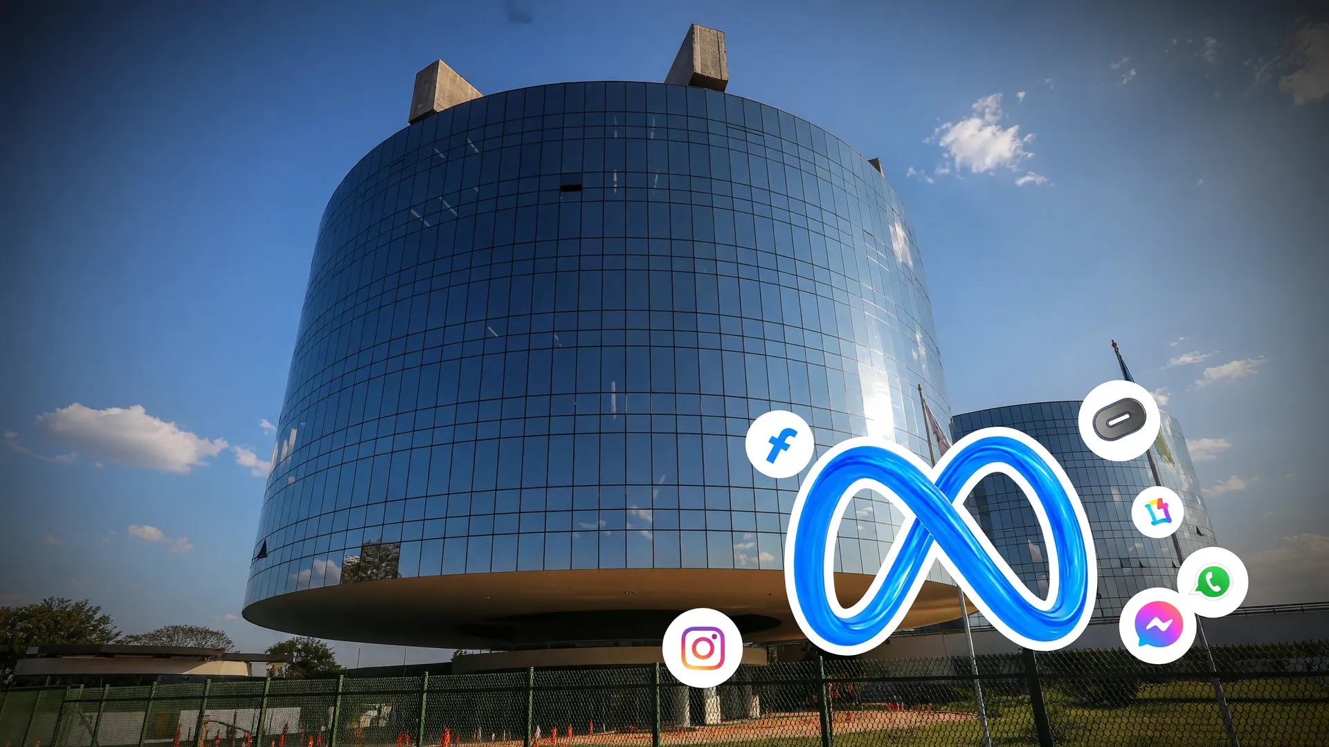 MPF aciona Meta perfis bloqueados: sede do MPF em Brasília ao lado do logo da Meta em azul, sugerindo disputa judicial