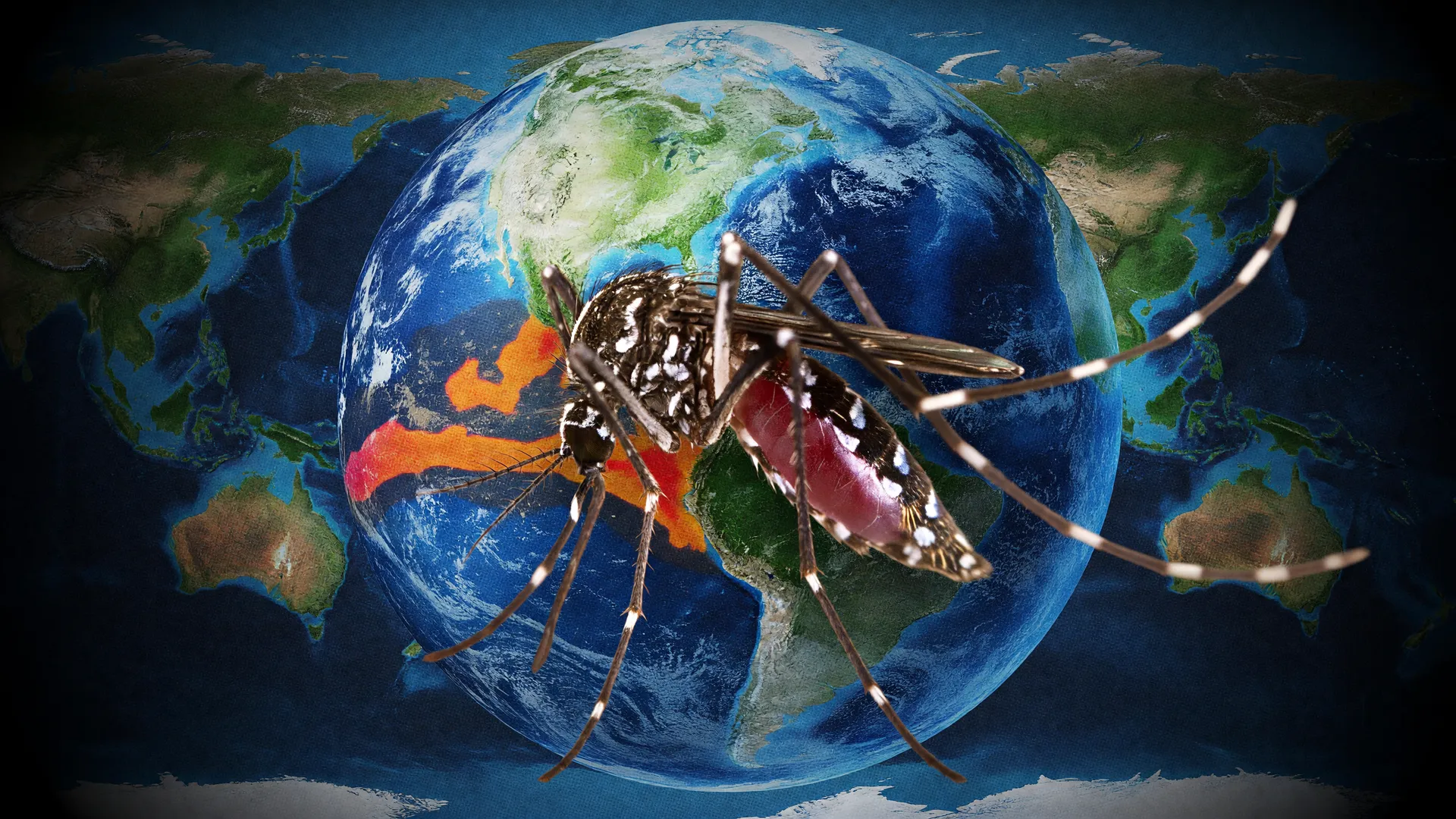 Mosquito Aedes aegypti sobre mapa de El Niño, ilustrando mudanças climáticas e doenças infecciosas no Brasil