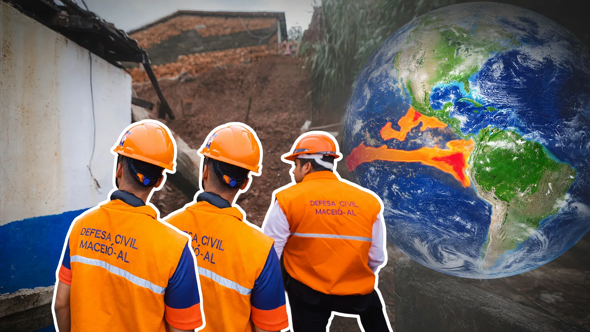 Agentes da Defesa Civil observam deslizamento, ilustrando municípios sem plano contra desastres e o risco do El Niño