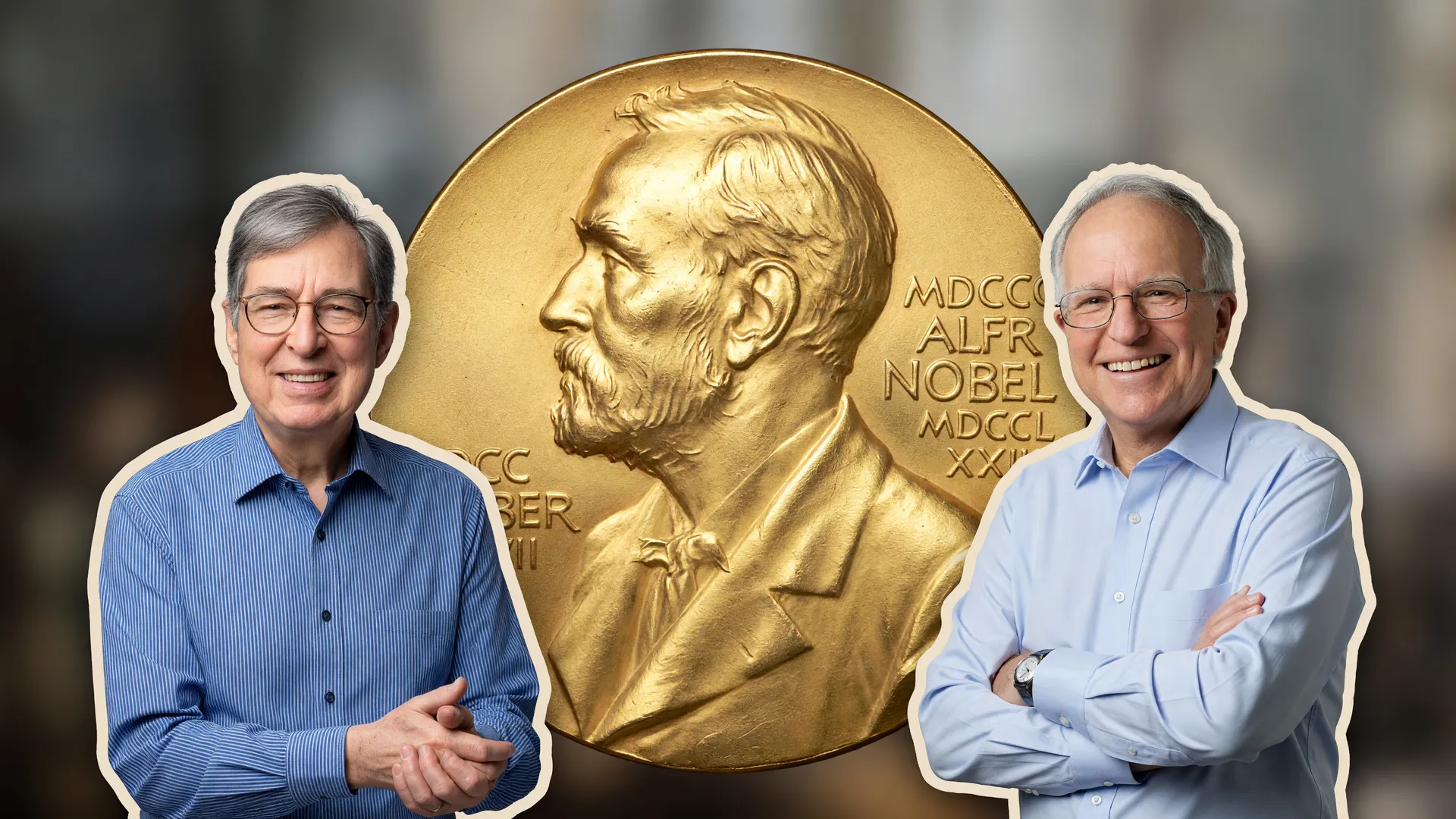 Robert Hall e Michael Woodford, premiados no Nobel de Economia 2026, ao lado da medalha dourada do prêmio