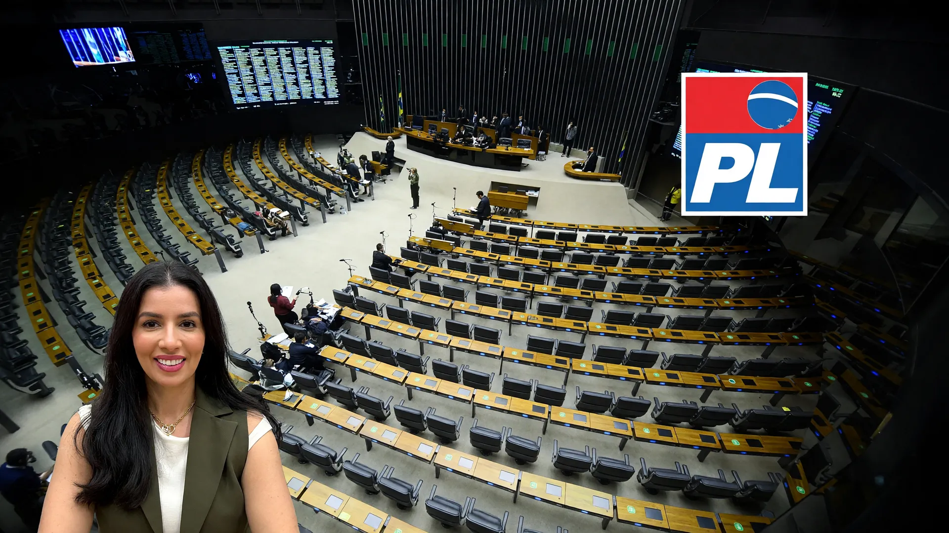 Plenário da Câmara dos Deputados, logo do PL e retrato feminino simbolizam a nova composição da Câmara 2026.