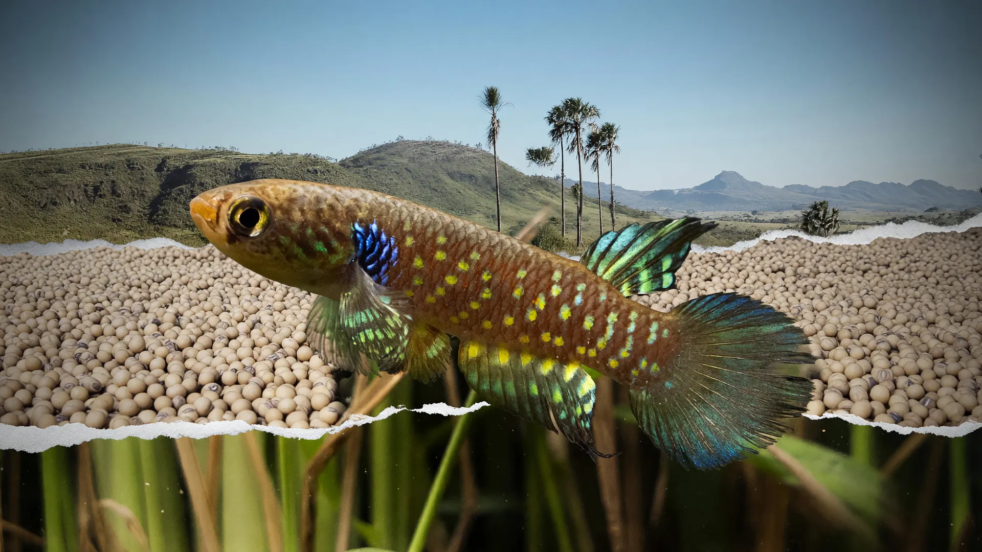 Novos peixes das nuvens Cerrado: killifish colorido em poça com capim, sob ameaça da soja e do gado