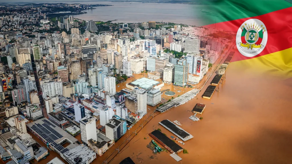Vista aérea de cidade alagada no RS ilustra as obras contra enchentes no RS liberadas pelo comitê do Firece.