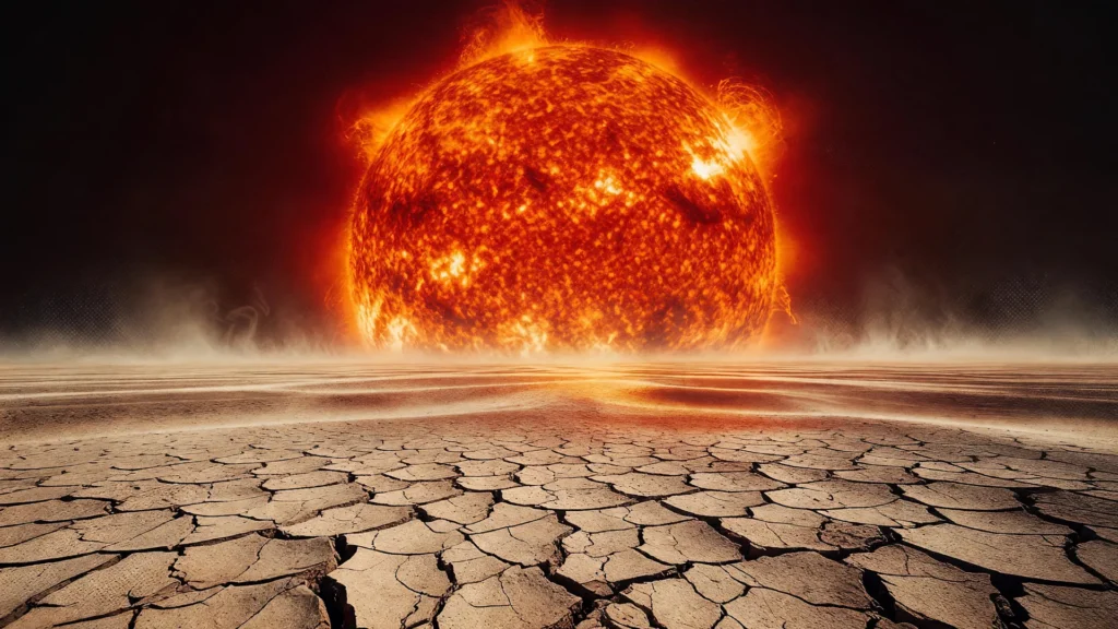 Sol escaldante sobre uma paisagem rachada pelo calor, simbolizando as ondas de calor gigantes que se intensificam no planeta