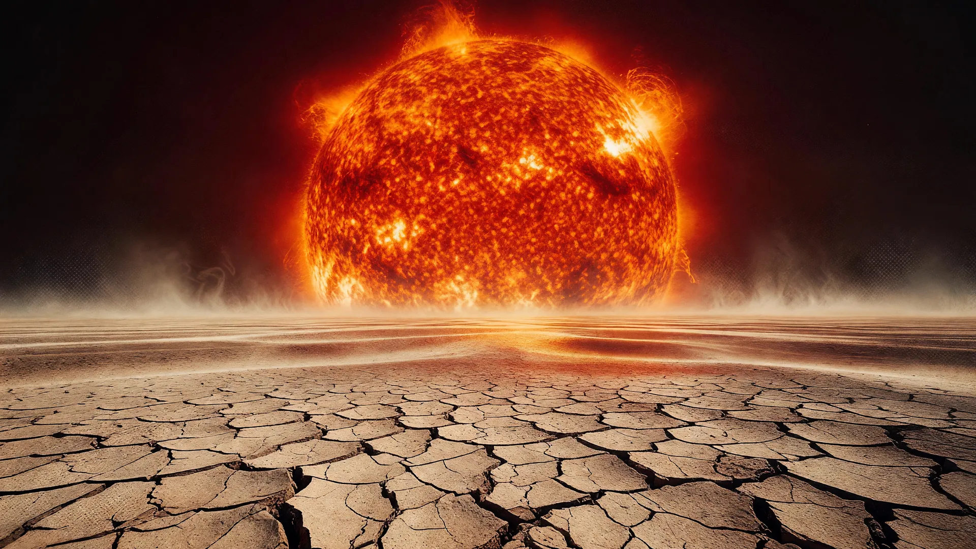 Sol escaldante sobre uma paisagem rachada pelo calor, simbolizando as ondas de calor gigantes que se intensificam no planeta