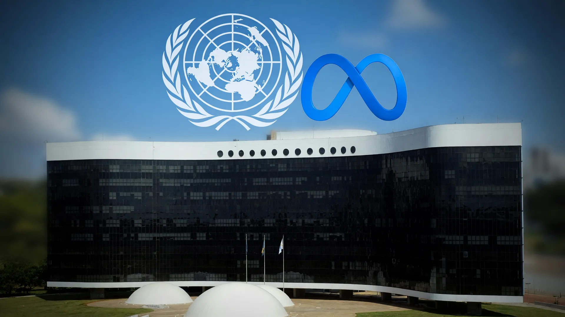 Prédio do TSE e símbolo da Meta sob o emblema da ONU: ONU cobra Meta eleições Brasil por tratamento desigual